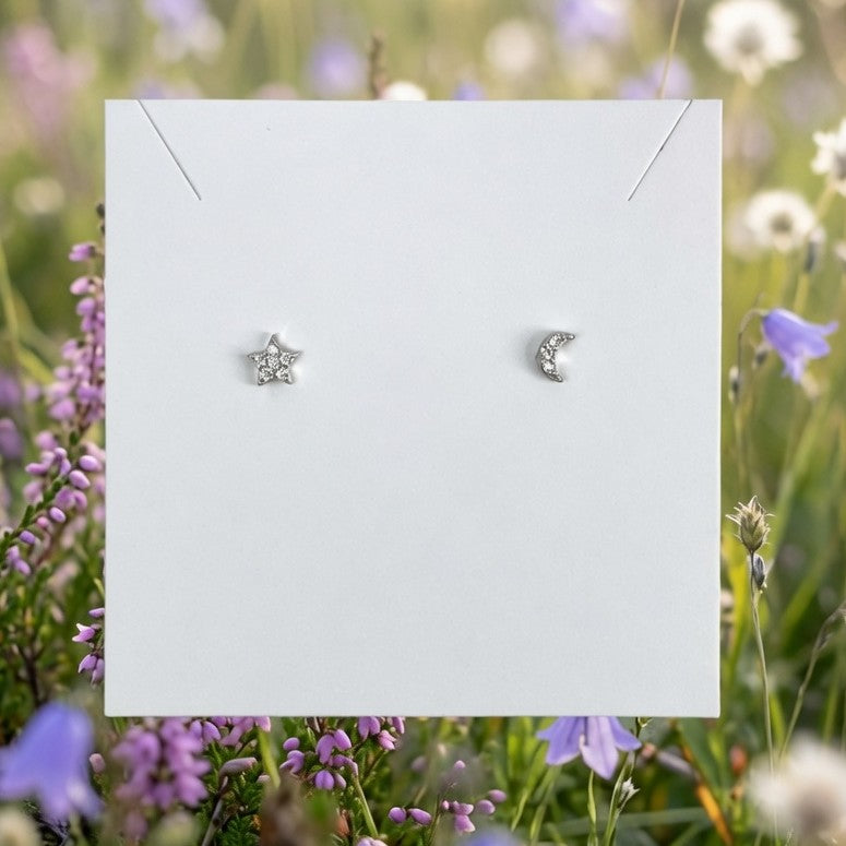 925 Sterling Silver Mismatched Star and Moon Crystal Stud Earrings