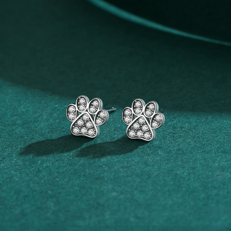 Sterling Silver Crystal Dog Cat Paws Stud Earrings
