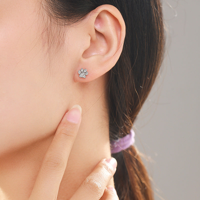 Sterling Silver Crystal Dog Cat Paws Stud Earrings