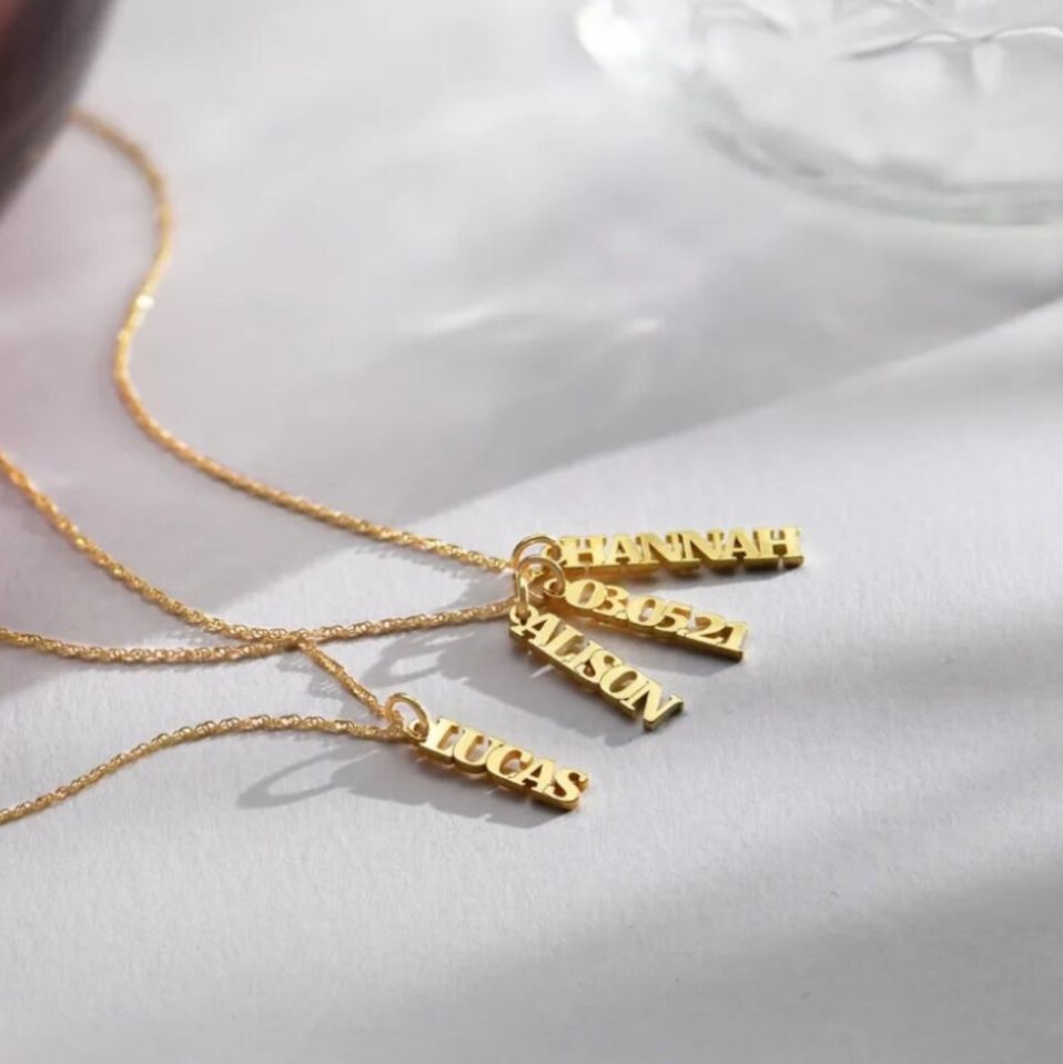 Personalised Gold Vertical Name Bar Necklace - Custom Names & Dates