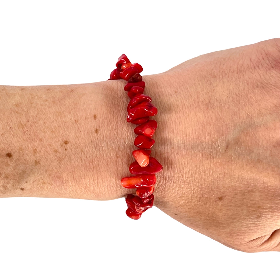 Natural Red Coral Chip Stretch Bracelet Healing Bracelet Red Coral Healing Bracelet for Women