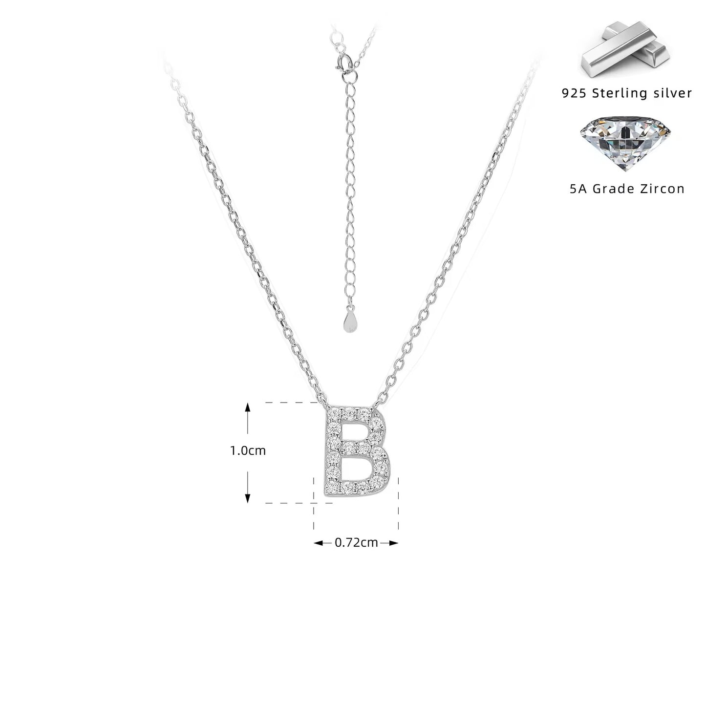 Silver necklace with zircon crystal letter 'B' pendant on a white background