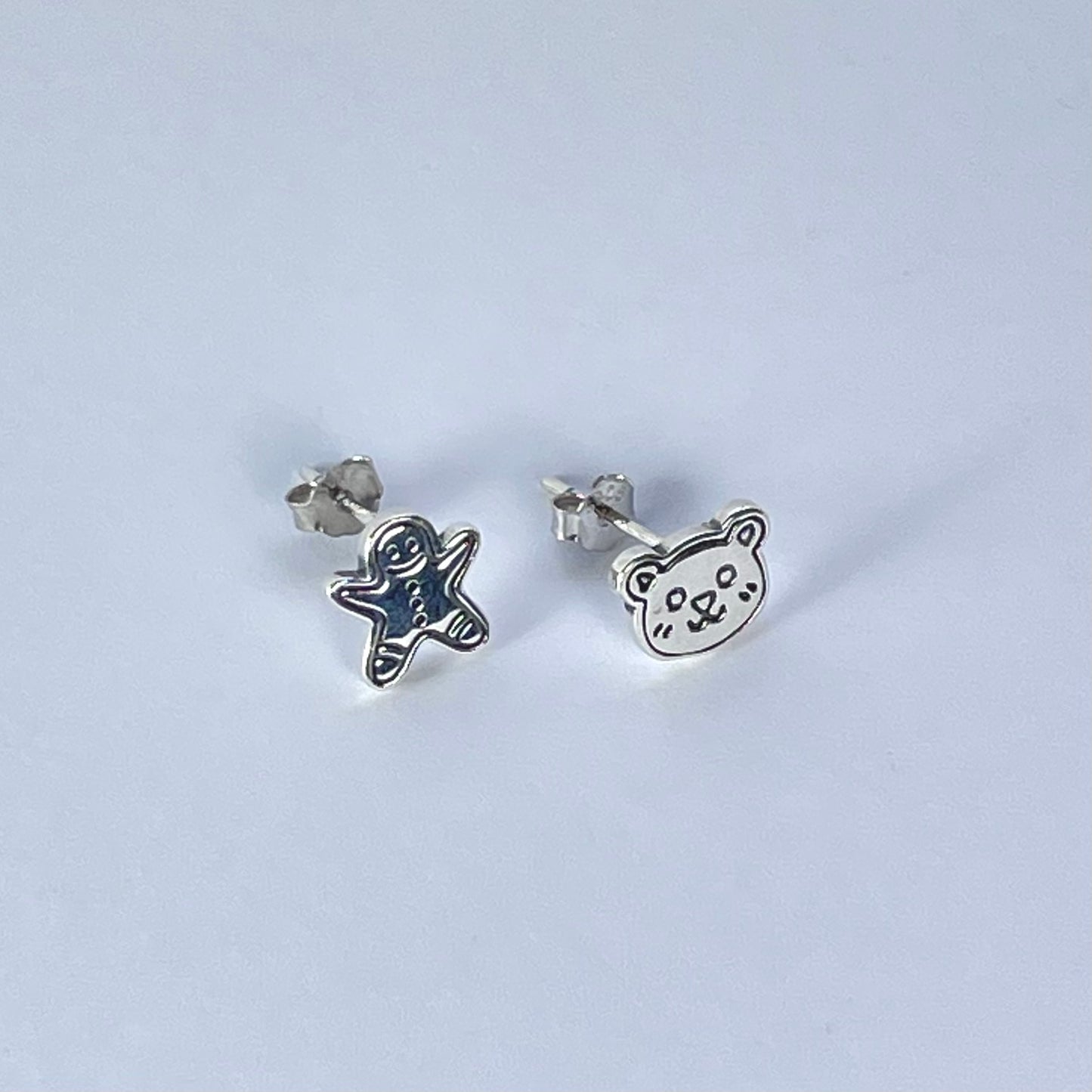 Sterling Silver Mismatched Bear and Gingerbread Man Stud Earrings