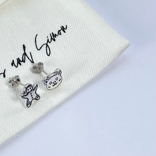 Sterling Silver Mismatched Bear and Gingerbread Man Stud Earrings