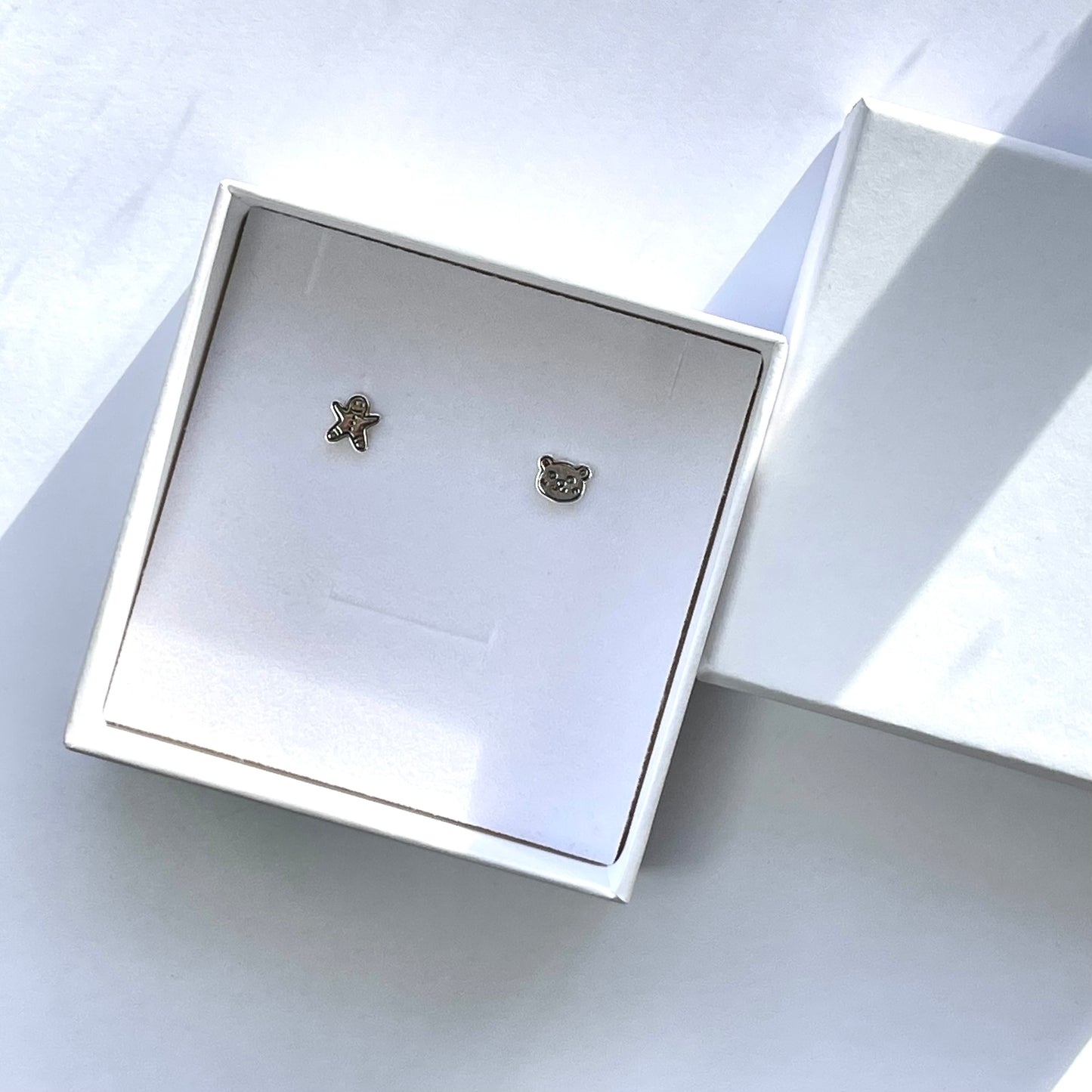 Sterling Silver Mismatched Bear and Gingerbread Man Stud Earrings