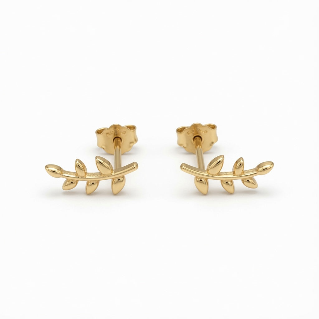 14ct gold plated olive leaf branch stud earrings on white background