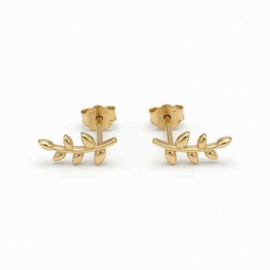 14ct gold plated olive leaf branch stud earrings on white background