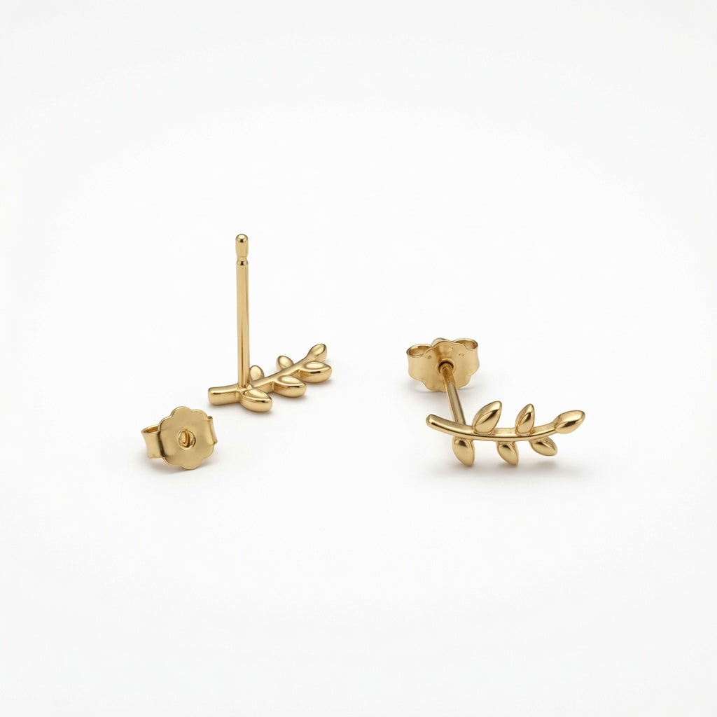 14ct gold plated olive leaf branch stud earrings showing post and butterfly back