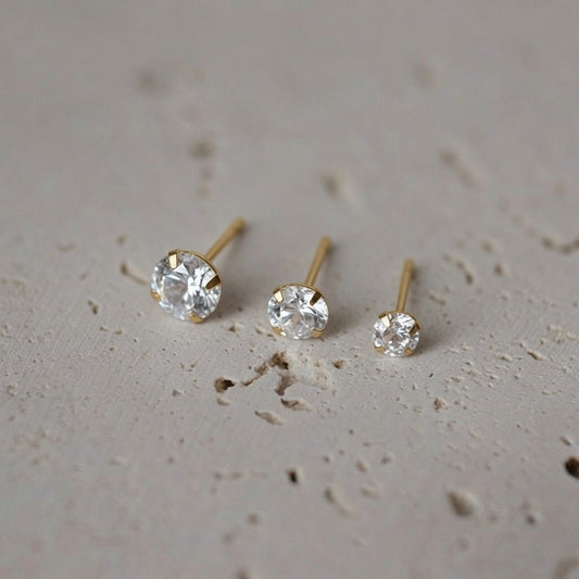 14ct solid gold zircon stud earrings 3mm 4mm 5mm
