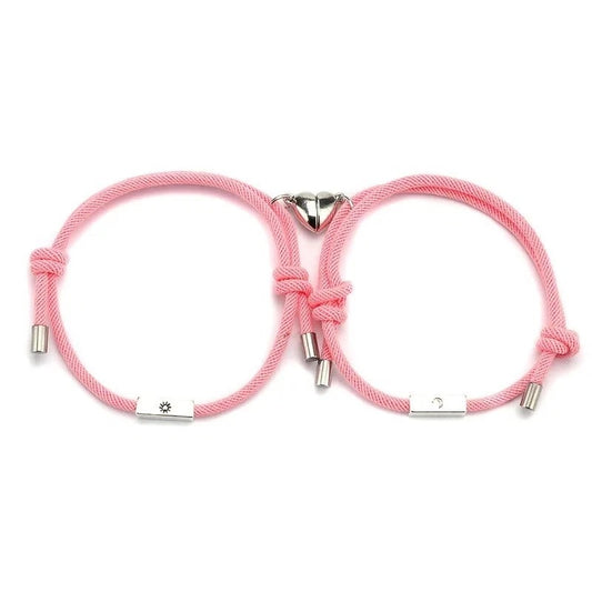 Magnetic Heart Matching Couple Pink Rope Bracelet Set With Sun and Moon Charms