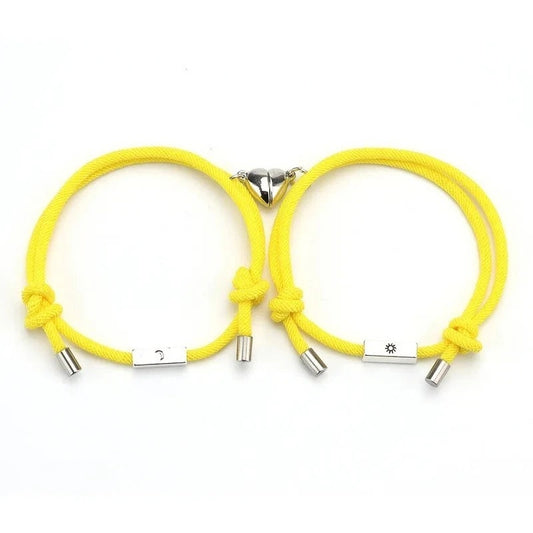 Magnetic Heart Matching Couple Yellow Rope Bracelet Set With Sun and Moon Charms