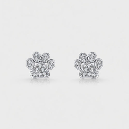 925 sterling silver crystal paw print stud earrings pair on white background Agnes and Simon