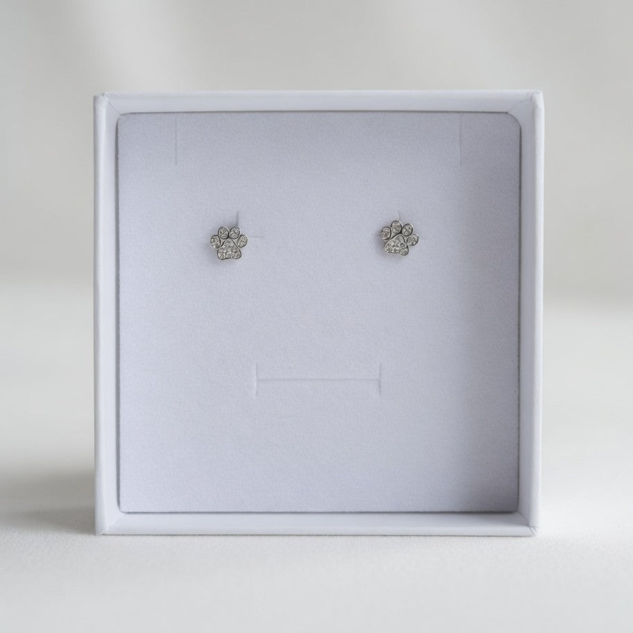 925 sterling silver crystal paw print stud earrings presented in white gift box Agnes and Simon