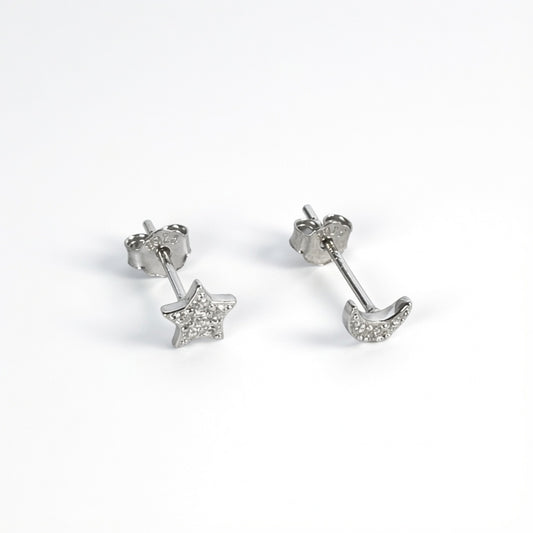 925 Sterling Silver Mismatched Star and Moon Crystal Stud Earrings