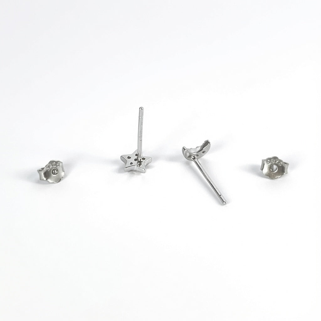 925 Sterling Silver Mismatched Star and Moon Crystal Stud Earrings