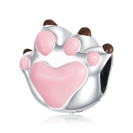 925 Sterling Silver Pink Paw Print Bead Charm For Bracelets