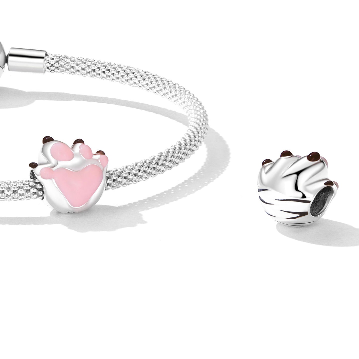 925 Sterling Silver Pink Paw Print Bead Charm For Bracelets