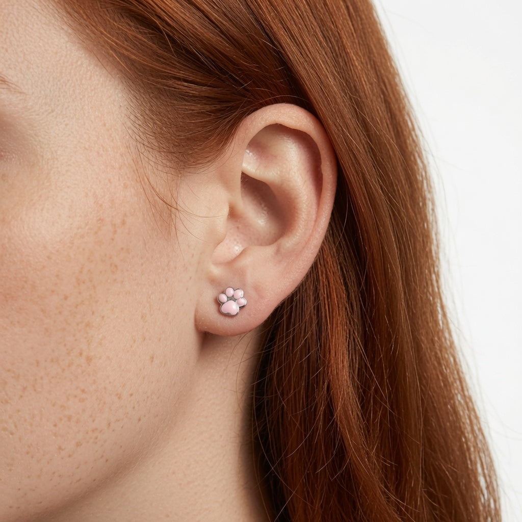 925 Sterling Silver Pink Paw Print Stud Earrings