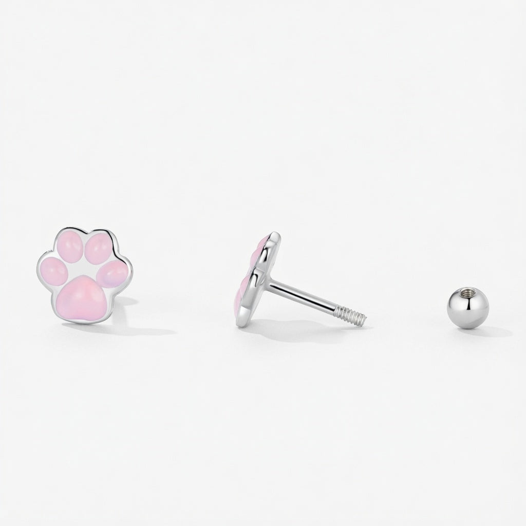 925 Sterling Silver Pink Paw Print Stud Earrings