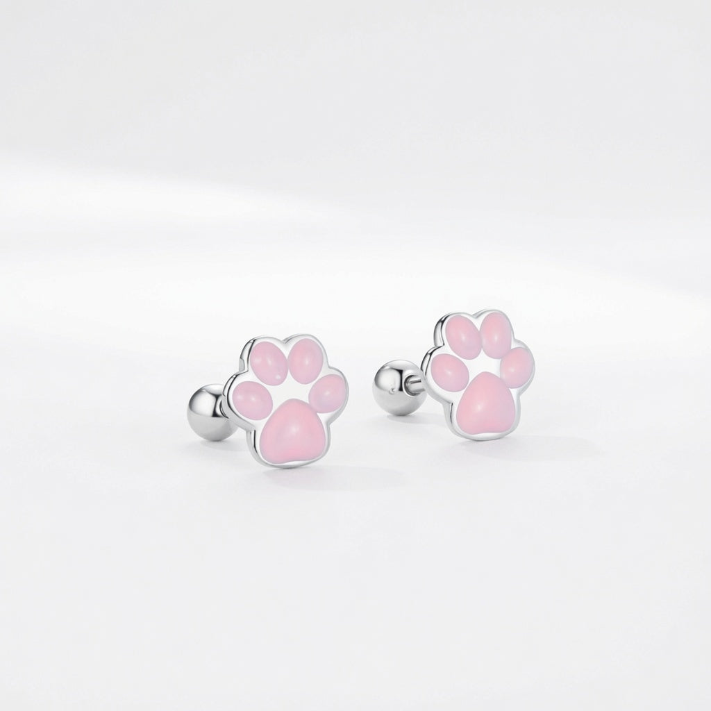 925 Sterling Silver Pink Paw Print Stud Earrings
