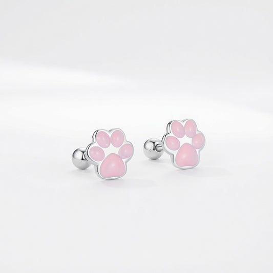 925 Sterling Silver Pink Paw Print Stud Earrings