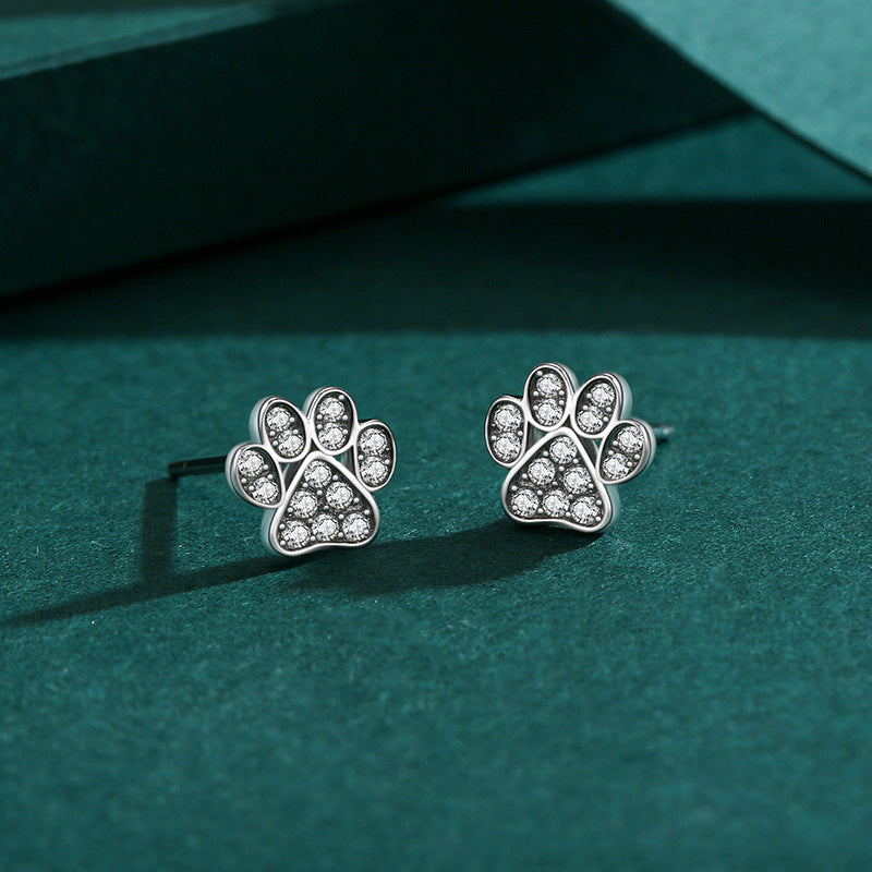 Sterling Silver Crystal Dog Cat Paws Stud Earrings