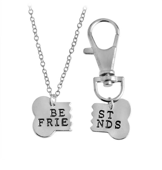 Silver Best Friends Bone Pendant Matching Dog Tag And Owner Necklace Set