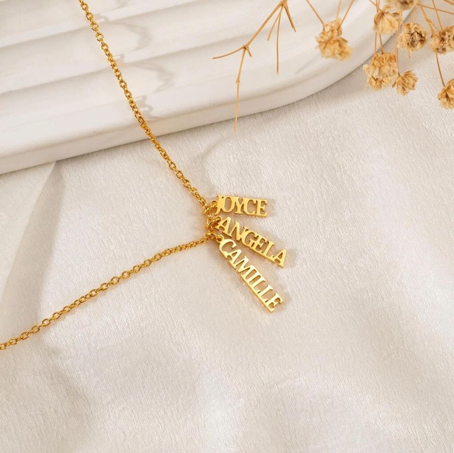 Personalised Gold Vertical Name Bar Necklace - Custom Names & Dates