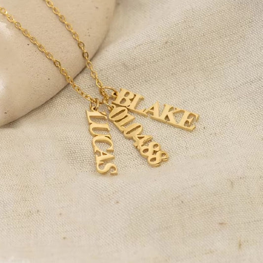 Personalised Gold Vertical Name Bar Necklace - Custom Names & Dates