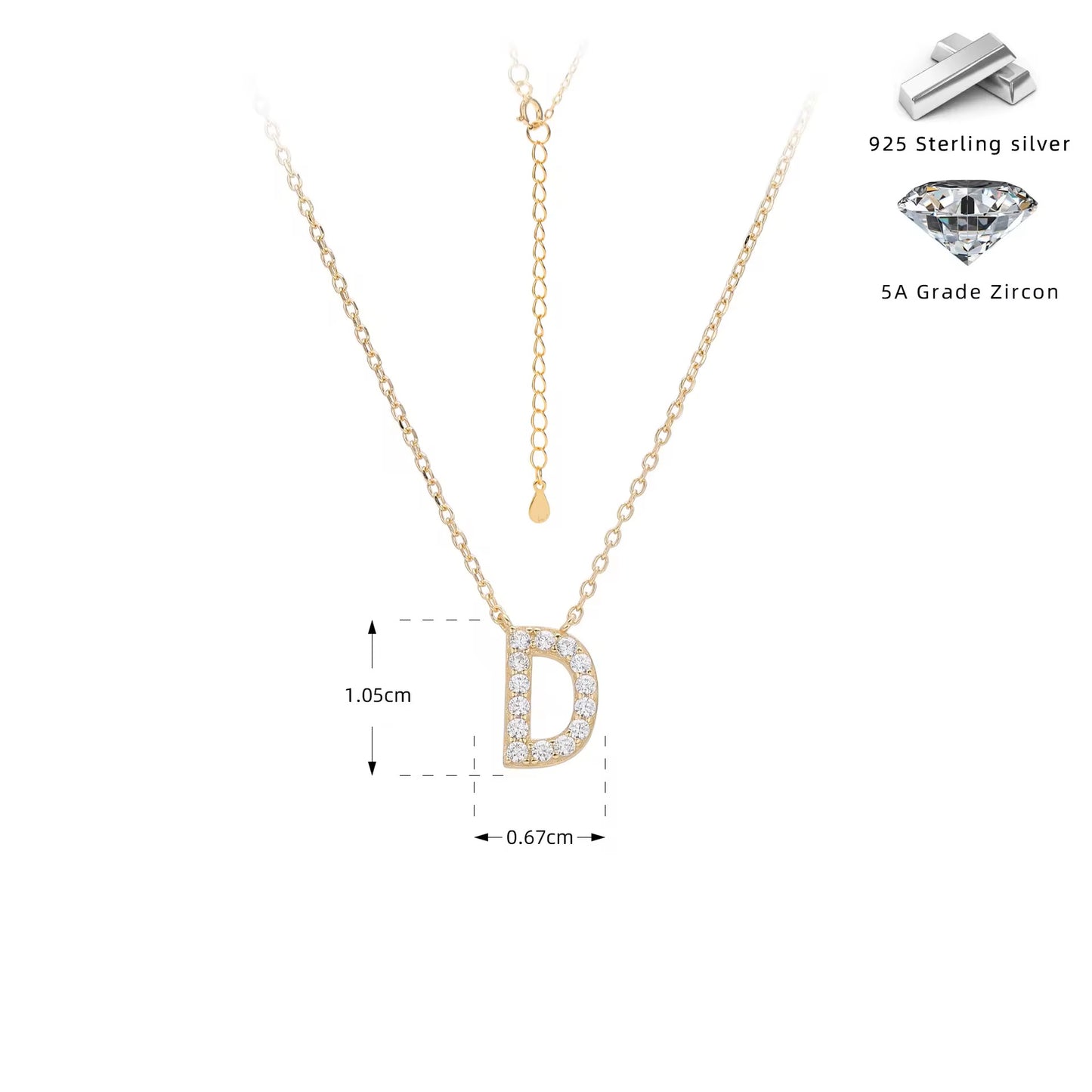 Gold necklace with crystal letter 'D' pendant on a white background