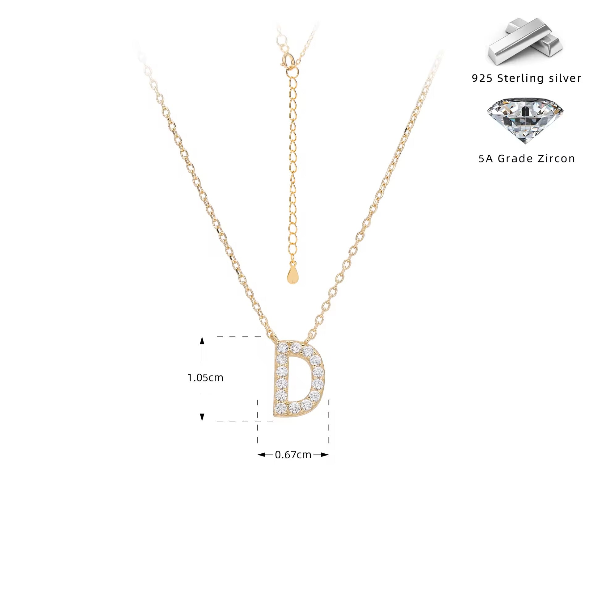 Gold necklace with crystal letter 'D' pendant on a white background