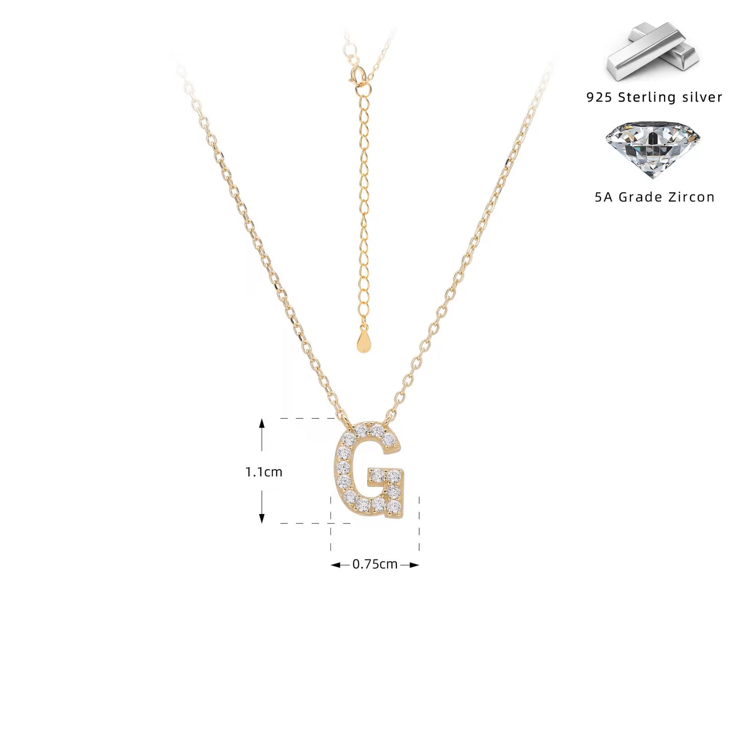 Gold necklace with crystal letter 'G' pendant on a white background