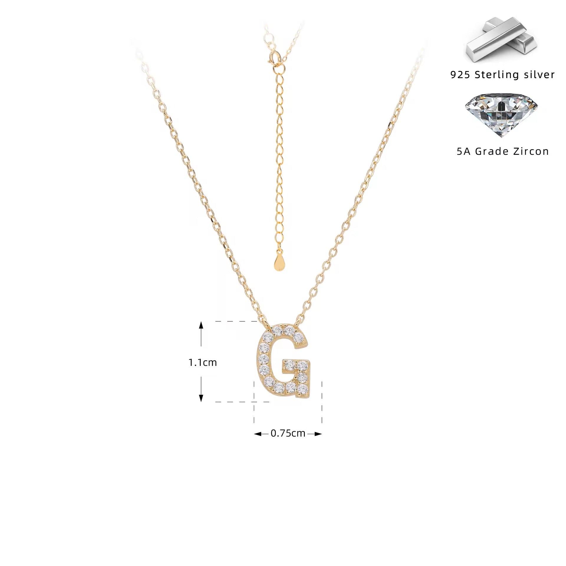 Gold necklace with crystal letter 'G' pendant on a white background