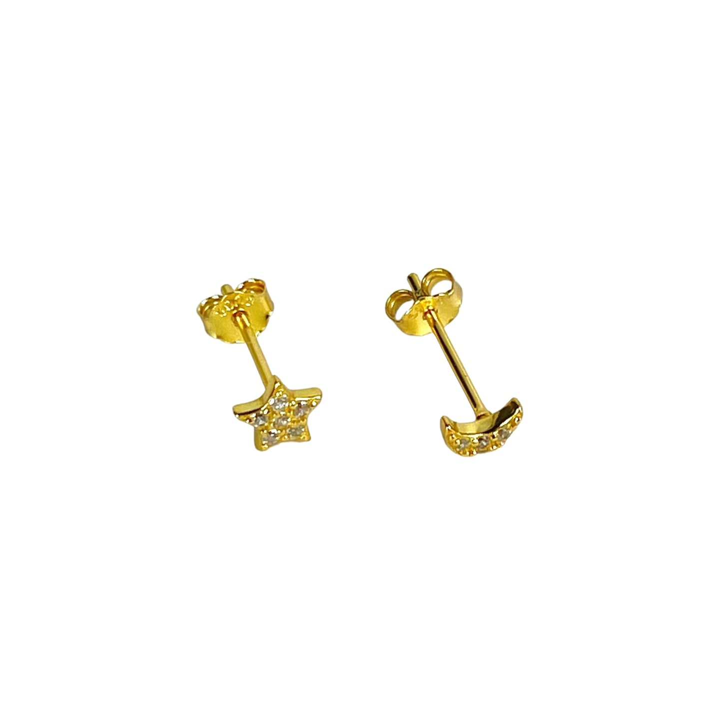 Gold Plated Sterling Silver Mismatched Star And Moon Crystal Stud Earrings