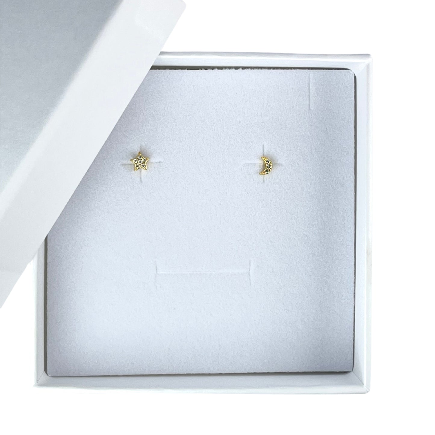 Gold Plated Sterling Silver Mismatched Star And Moon Crystal Stud Earrings