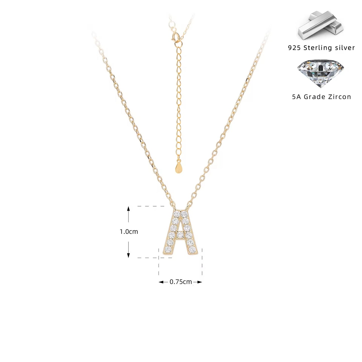 Gold necklace with crystal letter 'A' pendant on a white background
