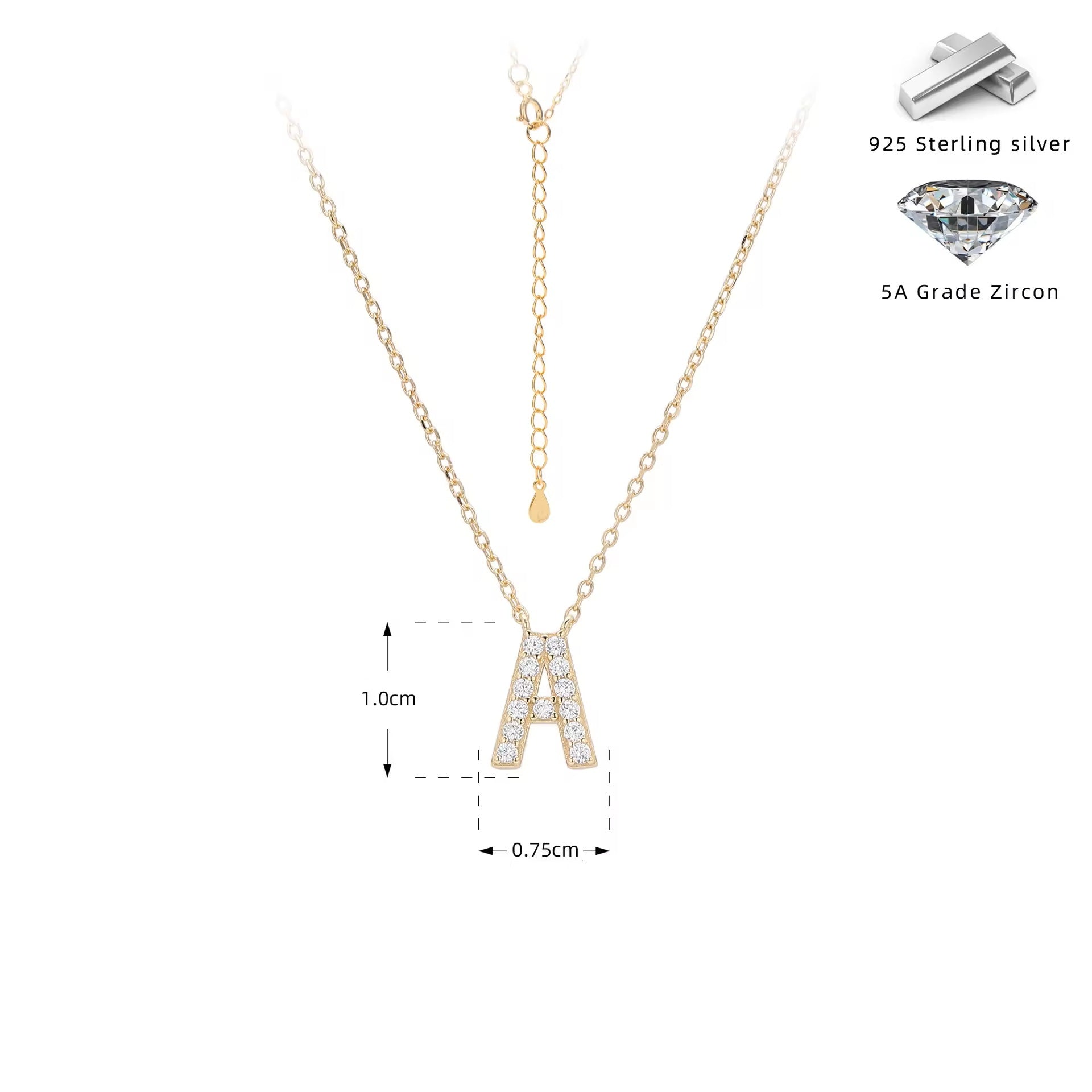 Gold necklace with crystal letter 'A' pendant on a white background