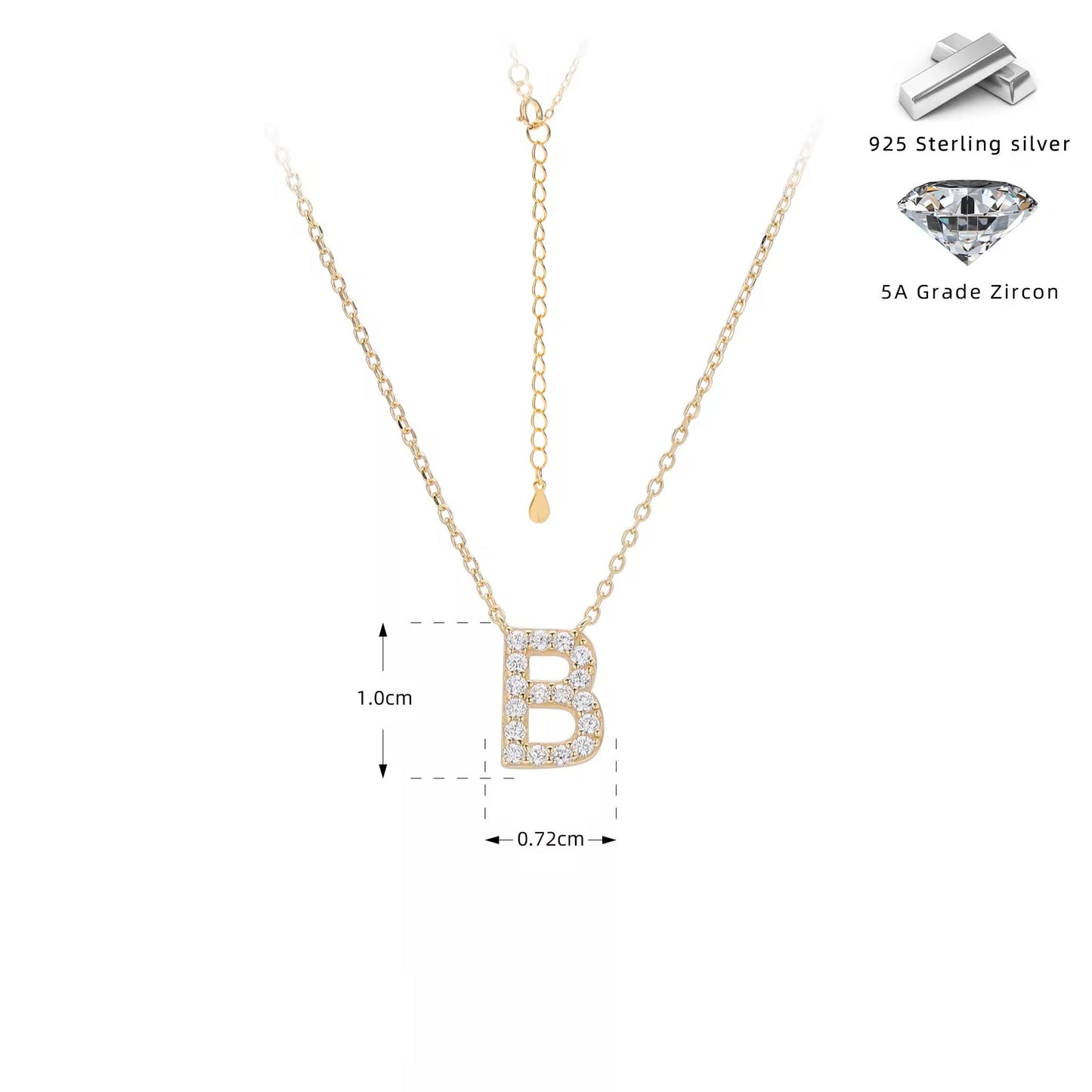 Gold necklace with crystal letter 'B' pendant on a white background