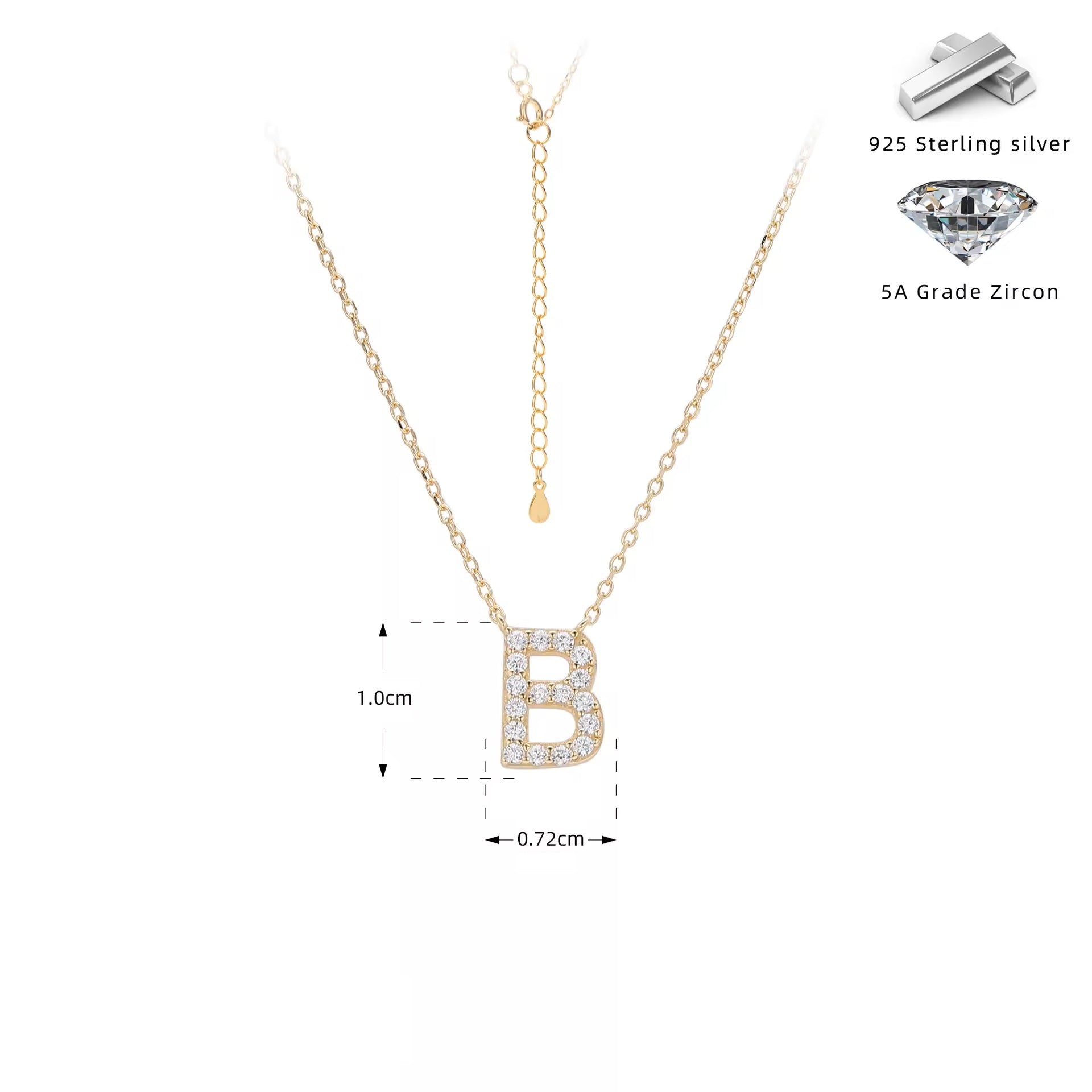 Gold necklace with crystal letter 'B' pendant on a white background