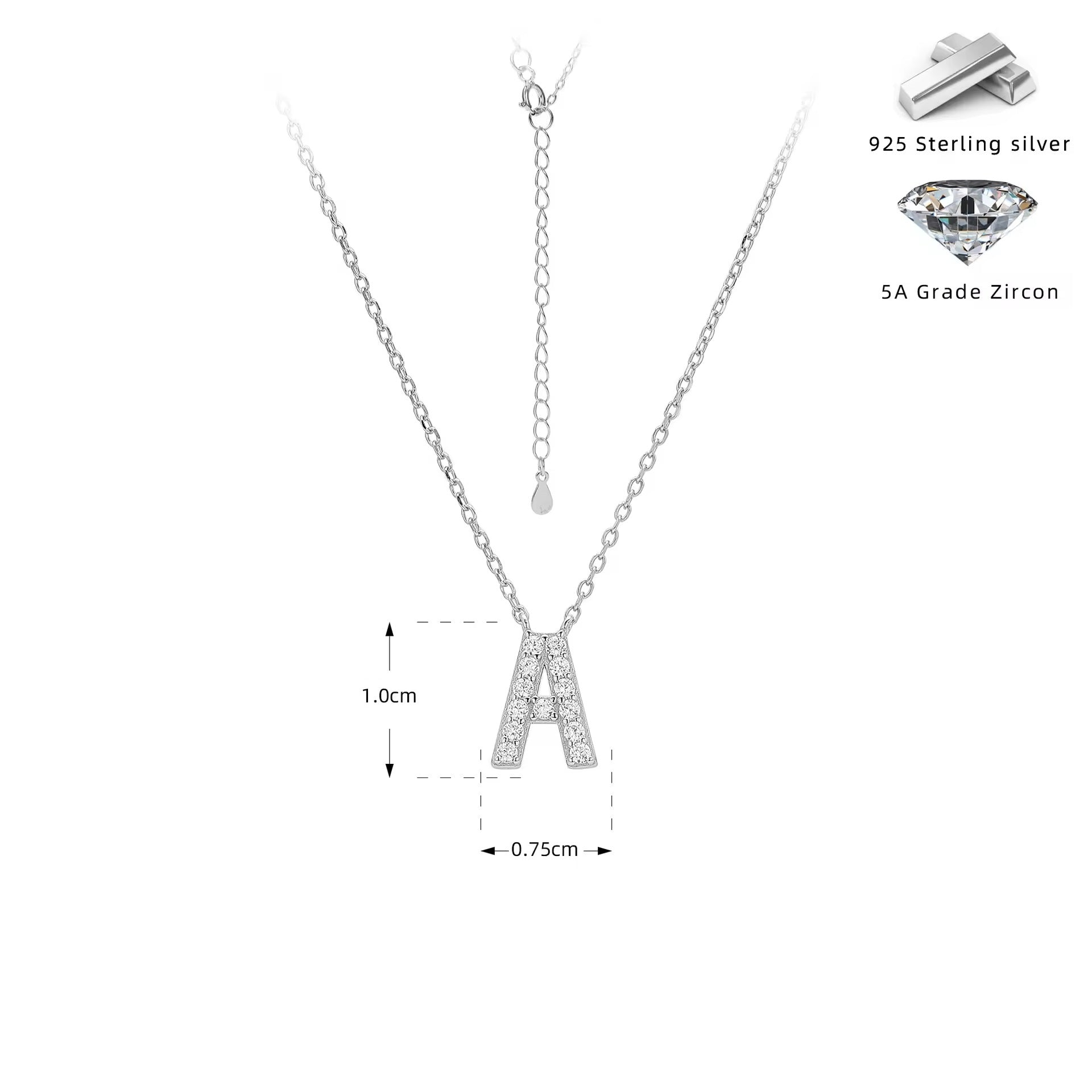 Silver necklace with zircon crystal letter 'A' pendant on a white background
