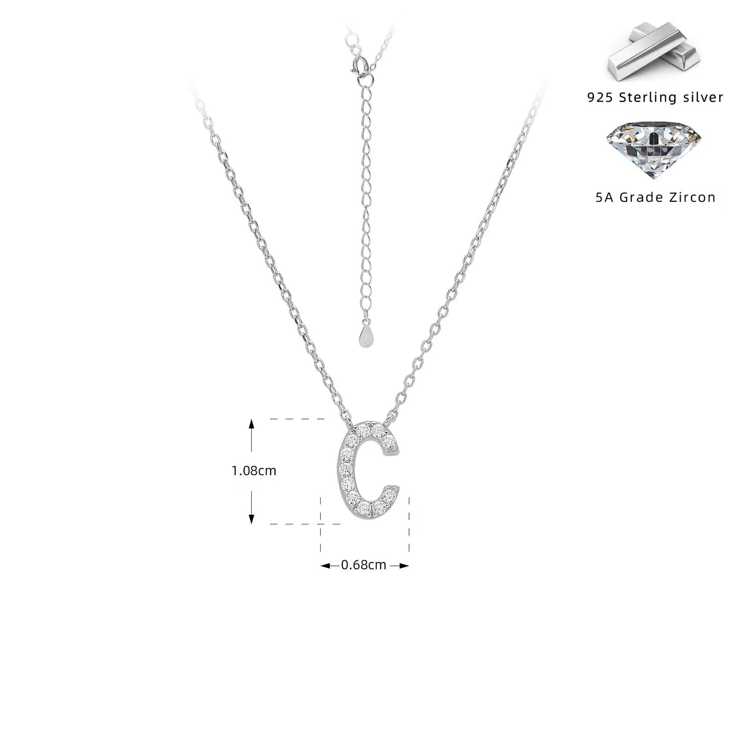 Silver necklace with zircon crystal letter 'C' pendant on a white background