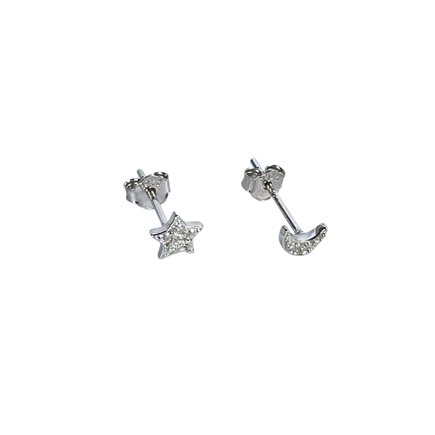 Sterling Silver Mismatched Star And Moon Crystal Stud Earrings