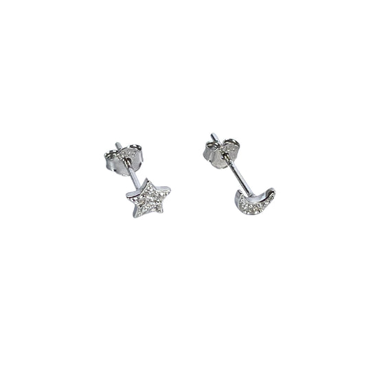 Sterling Silver Mismatched Star And Moon Crystal Stud Earrings