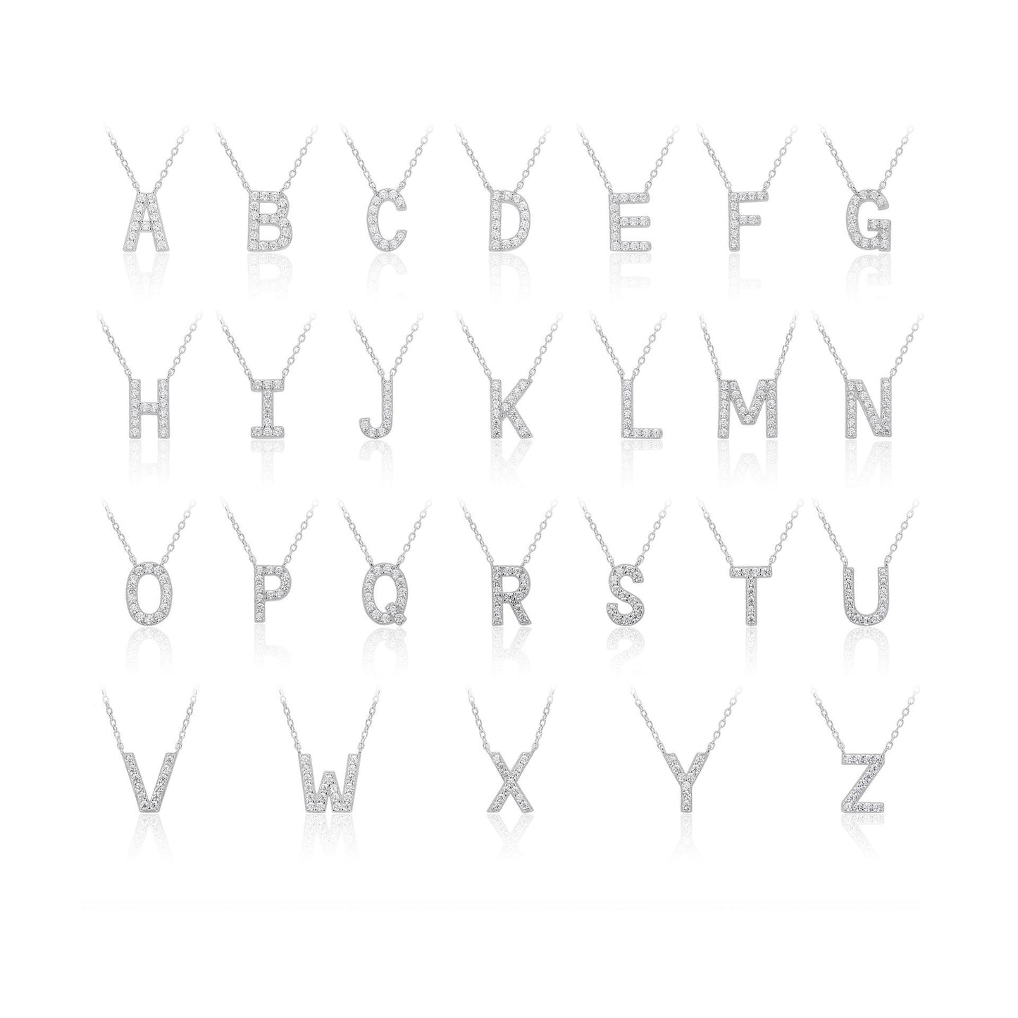 Silver letter necklaces from A to Z on a white background