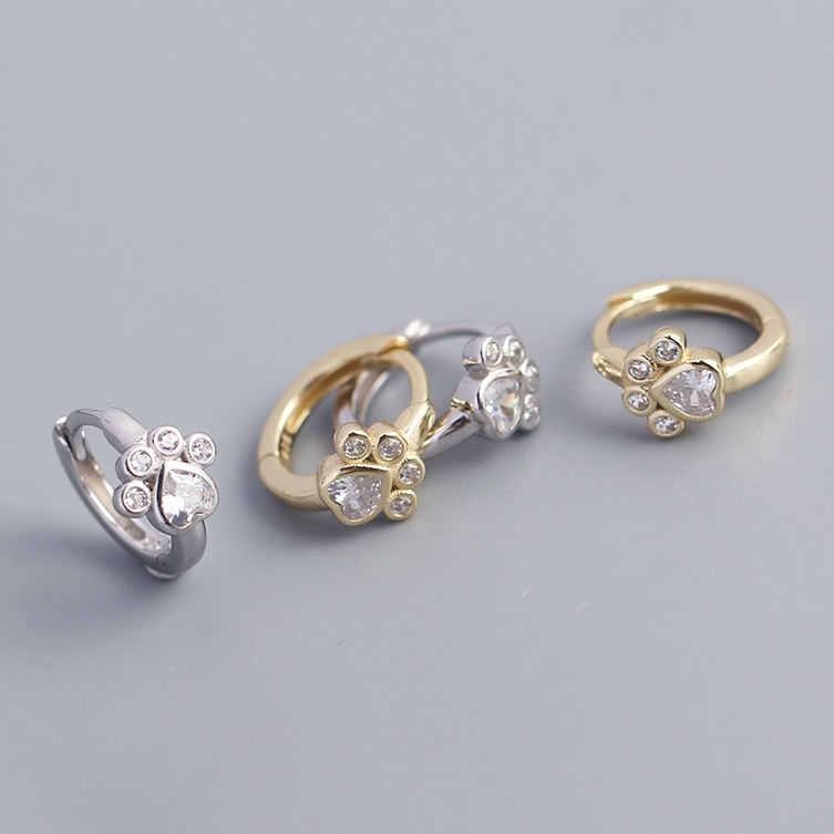 925 Sterling Silver Crystal Paw Print Hoop Earrings