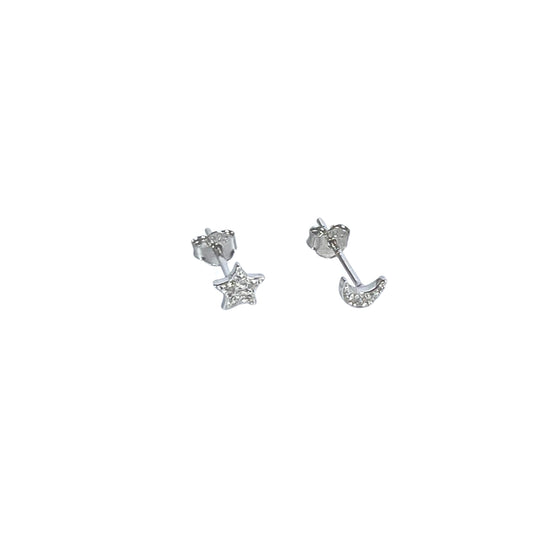 Sterling Silver Mismatched Star And Moon Crystal Stud Earrings