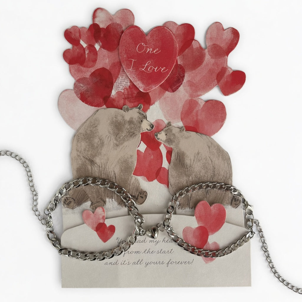 Magnetic heart couple bracelets set with gift card