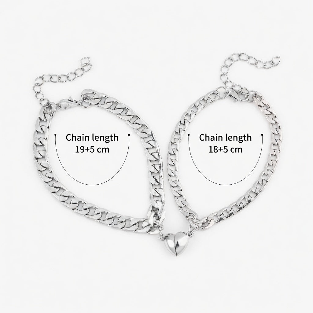 Stainless steel magnetic couple bracelets showing size and chain lengths