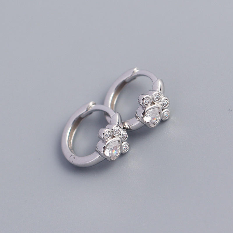 925 Sterling Silver Crystal Paw Print Hoop Earrings