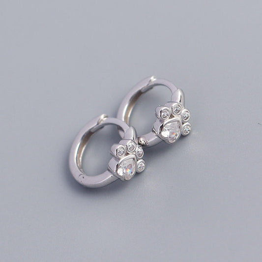 925 Sterling Silver Crystal Paw Print Hoop Earrings